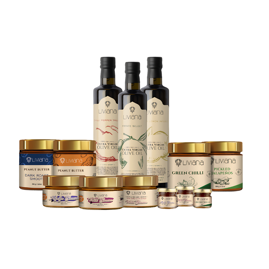 Different food products stacked in a line